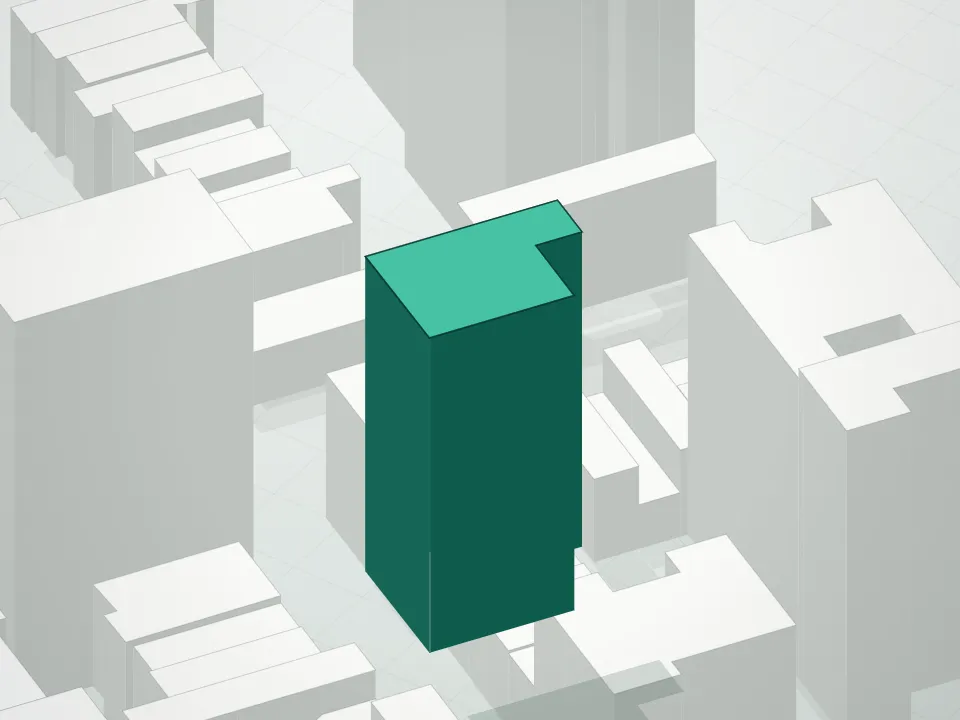 3D massing drawing of 151 East 78th Street, 151 East 78th Street, Manhattan, and neighboring buildings