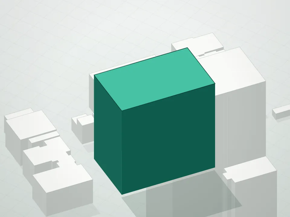 3D massing drawing of 301 West 53rd Street, Manhattan, and neighboring buildings