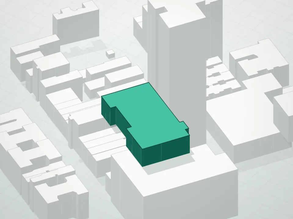 3D massing drawing of Sorting House, 318 West 52nd Street, Manhattan, and neighboring buildings