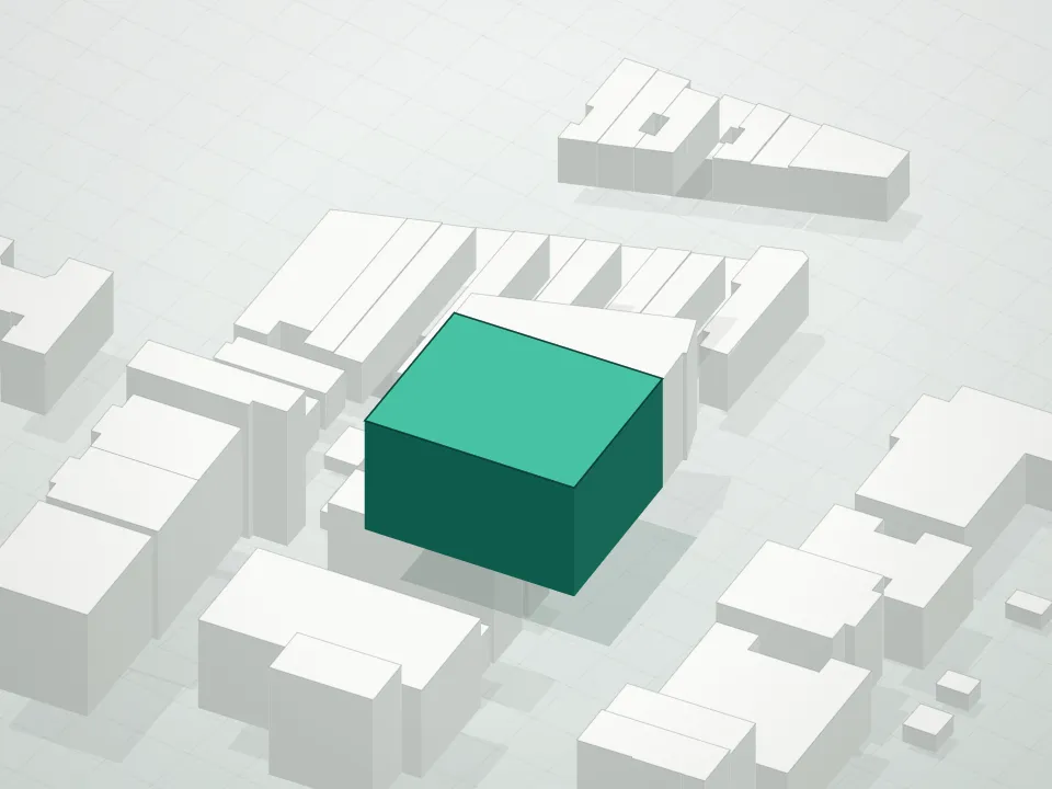 3D massing drawing of Onyx Square, 2128 Ocean Avenue, Brooklyn, and neighboring buildings