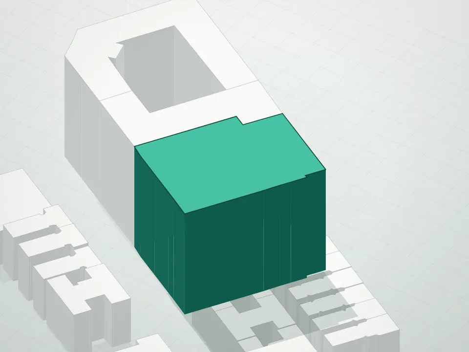 3D massing drawing of 543 West 122nd Street, Manhattan, and neighboring buildings
