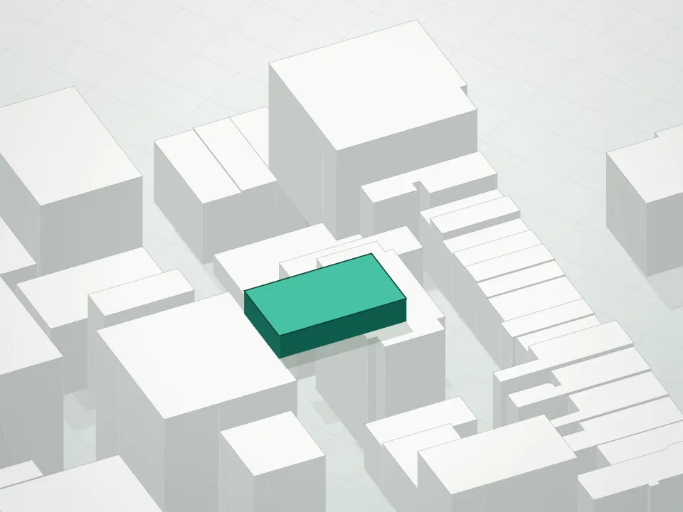 3D massing drawing of 455 West 19th Street, Manhattan, and neighboring buildings