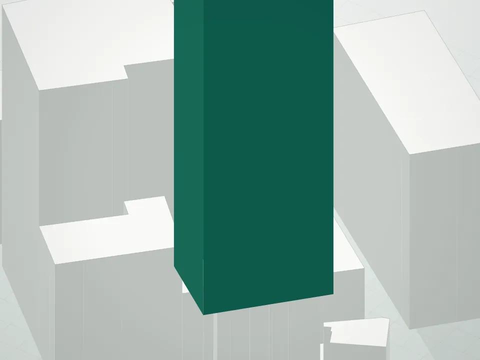 3D massing drawing of 130 William Street, Manhattan, and neighboring buildings