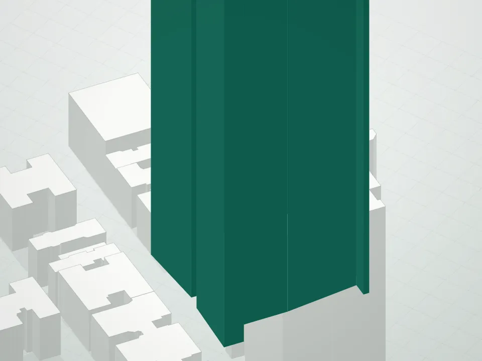 3D massing drawing of 50 West 66th Street, Manhattan, and neighboring buildings