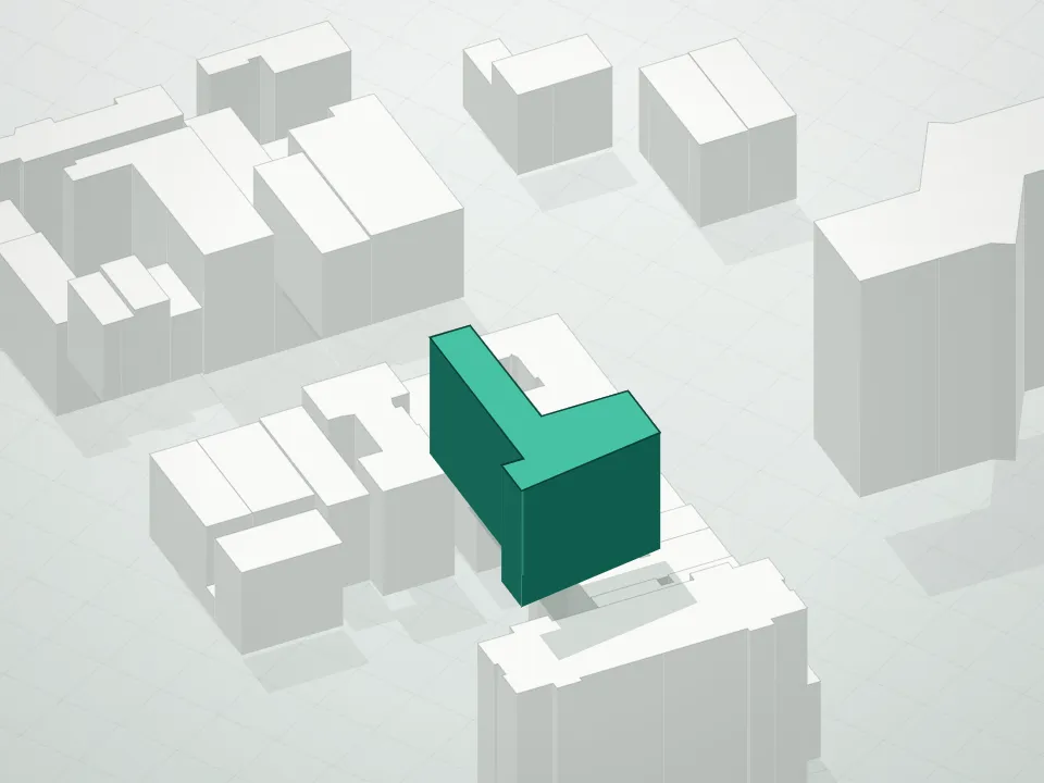 3D massing drawing of The 101, 101 East 2nd Street, Manhattan, and neighboring buildings