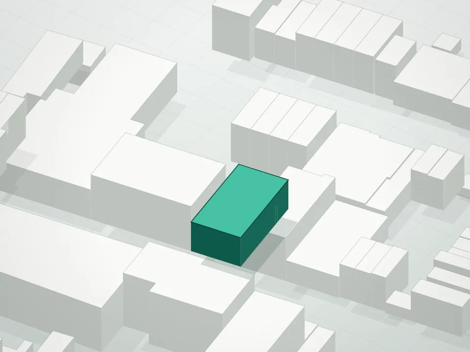 3D massing drawing of 25 Quincy Street, 25 Quincy Street, Brooklyn, and neighboring buildings
