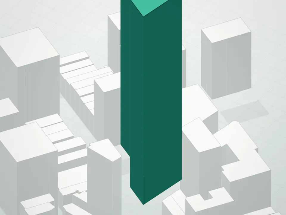3D massing drawing of 1185 Broadway, Manhattan, and neighboring buildings