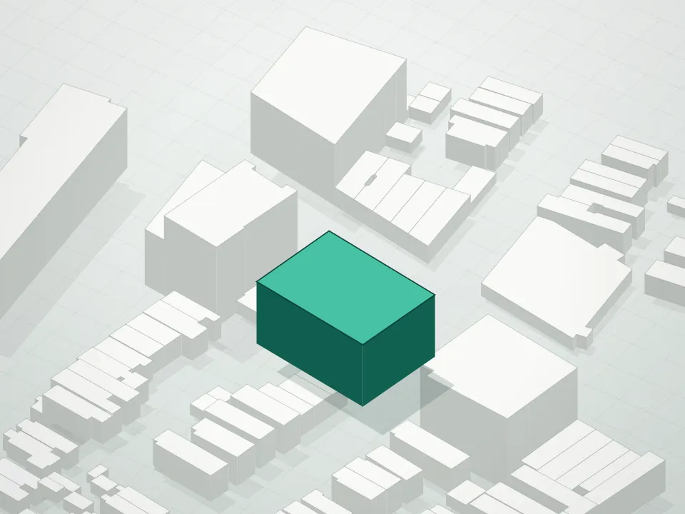 3D massing drawing of Kings Place, 398 Kings Highway, Brooklyn, and neighboring buildings