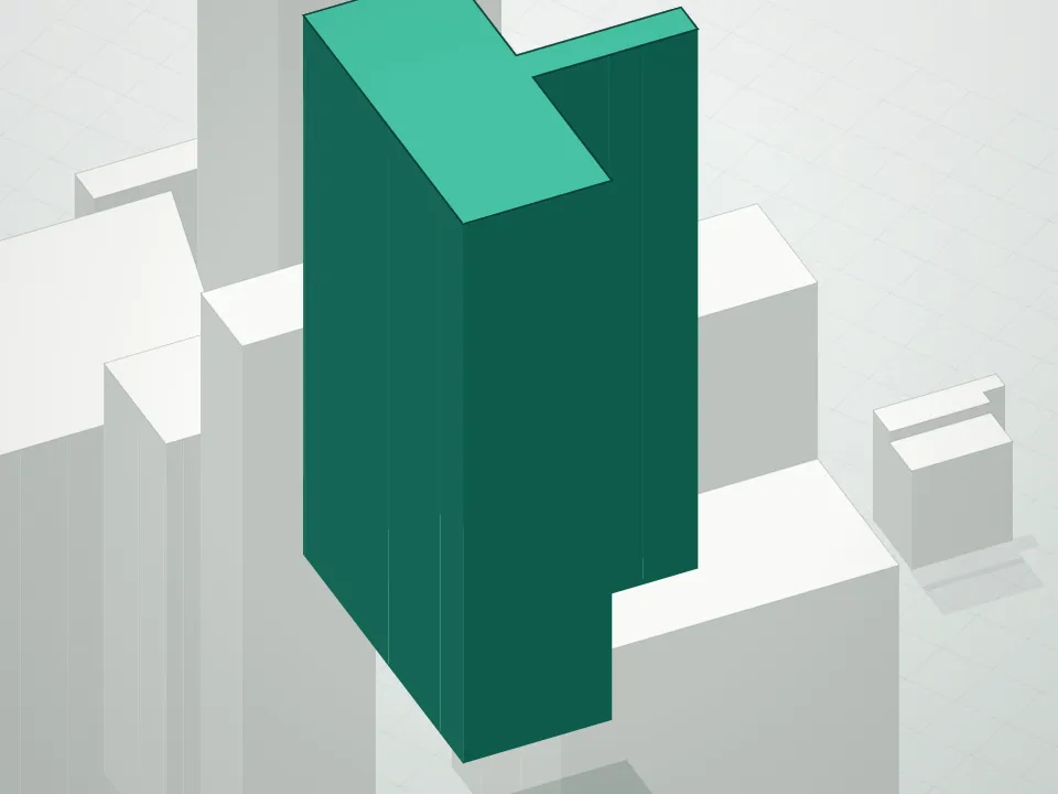 3D massing drawing of 111 West 56th Street, Manhattan, and neighboring buildings