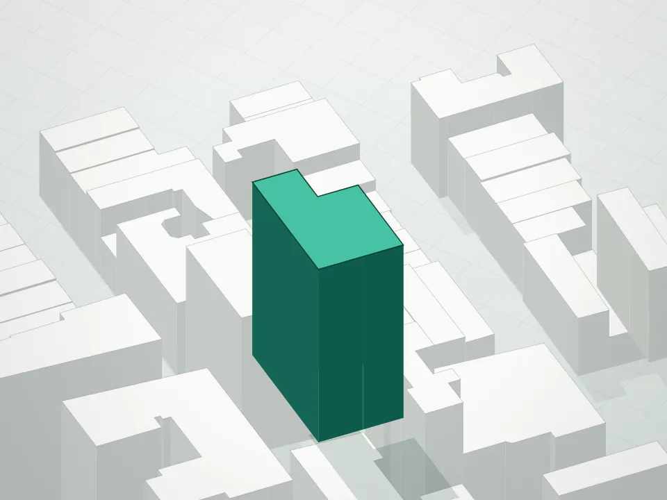 3D massing drawing of 64 University Place, 64 University Place, Manhattan, and neighboring buildings