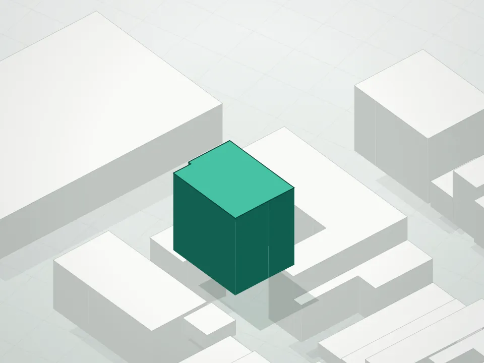 3D massing drawing of Alchemy, 50-07 5th Street, Queens, and neighboring buildings