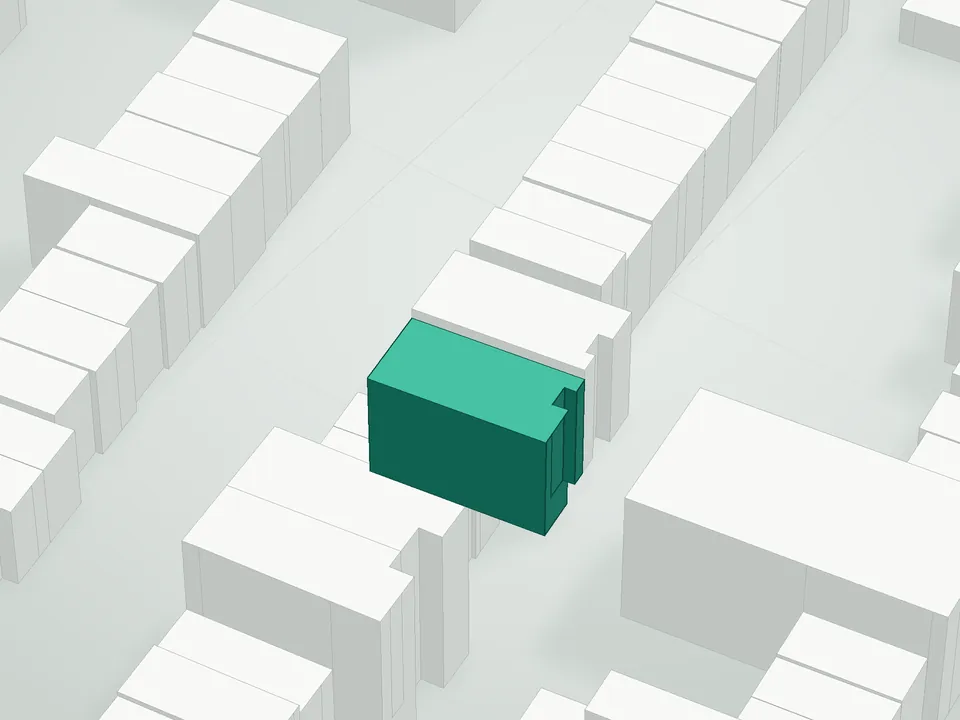 3D massing drawing of 97 Waverly Avenue, 97 Waverly Avenue, Brooklyn, and neighboring buildings